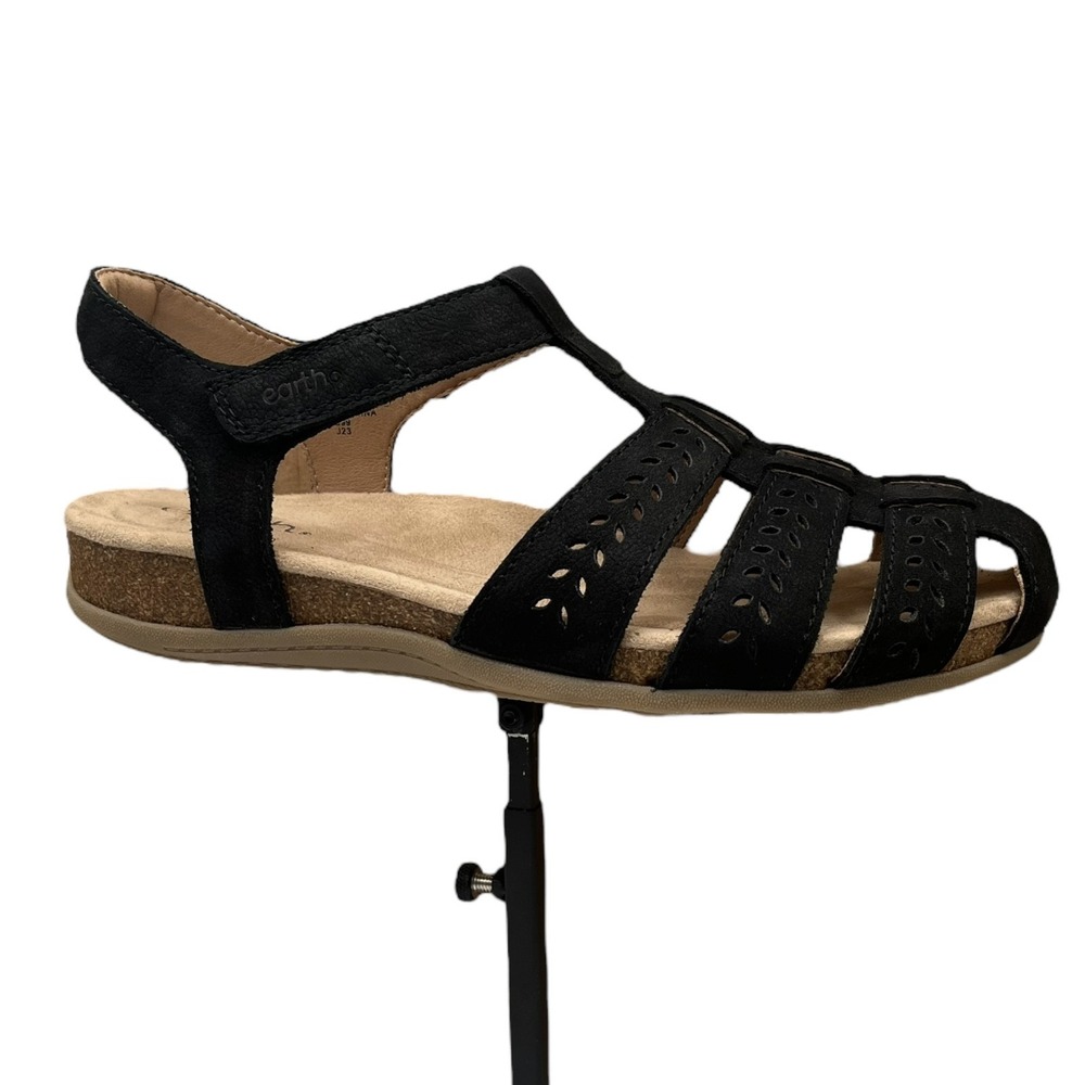 Earth Birdy Women's Leather Fisherman Sandals Size 8.5 Black-Tan Arch‎ Support